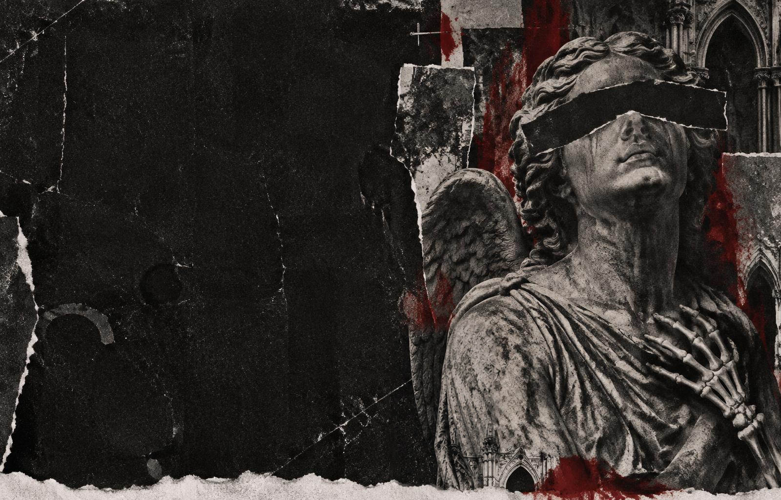 Torn-paper gothic angel collage with blood-red paint and punk photocopy textures